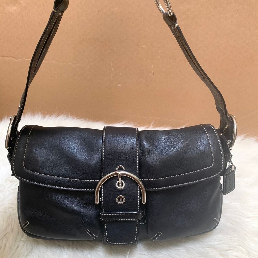 COACH SOHO Black Leather Double Pocket Y2K Vintage Shoulder Bag Buckle Trim 3653